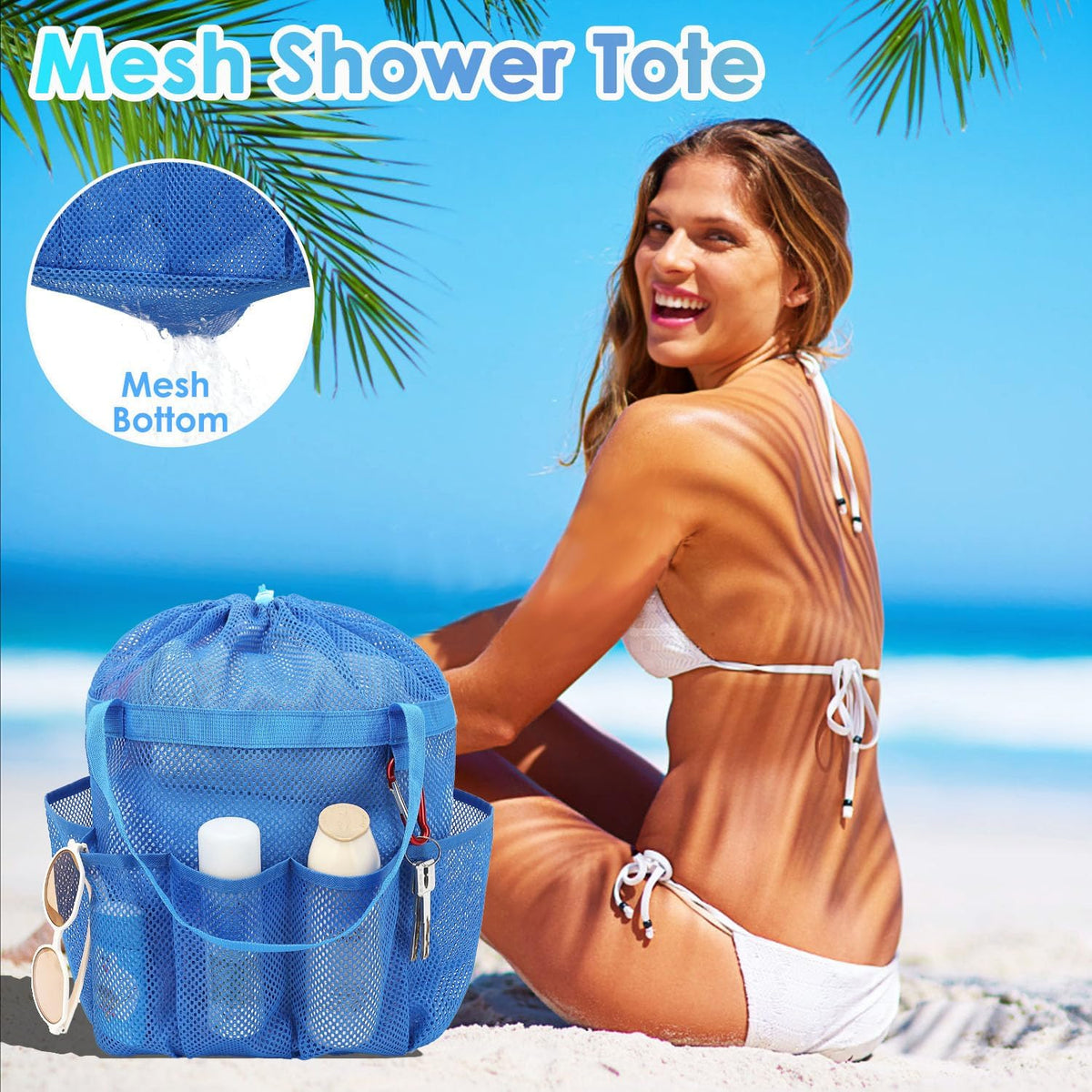 Fammart Mesh Shower Caddy Portable with Drawstring, Dorm Room Essentials for College Girls Guys, 8-Pocket Extra Large Shower Bag Basket Tote for Camping Beach Gym Travel Toiletry Bathroom