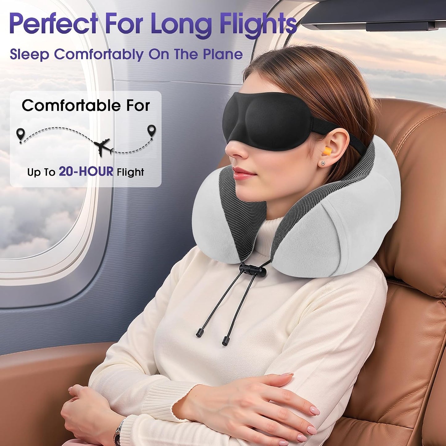 CloudBliss Neck Pillow for Airplanes, Memory Foam Travel Pillow, Black | Compact Flight Pillow with Eye Mask, Earplugs, Carry Bag, Travel Neck Pillow for Long Flight Sleep, Plane Travel Essentials