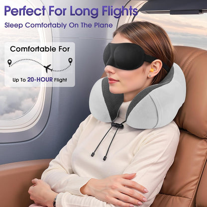 CloudBliss Neck Pillow for Airplanes, Memory Foam Travel Pillow, Black | Compact Flight Pillow with Eye Mask, Earplugs, Carry Bag, Travel Neck Pillow for Long Flight Sleep, Plane Travel Essentials