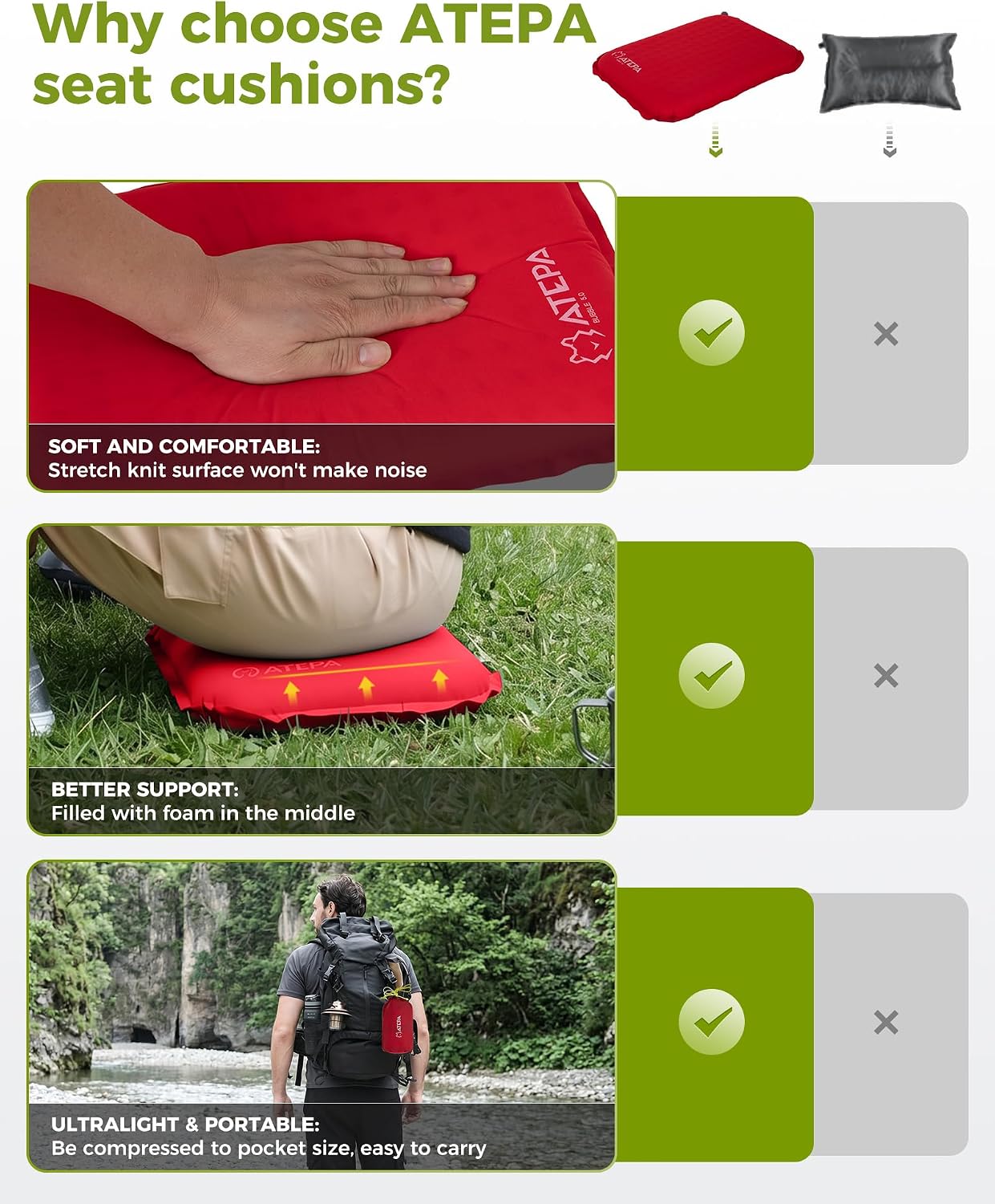 ATEPA Inflatable Seat Cushion | 2" & 2.5" foam core seat pad, Self inflating, Compact, Stadium, Airplane, Travel, Camping, Hiking, Sports events