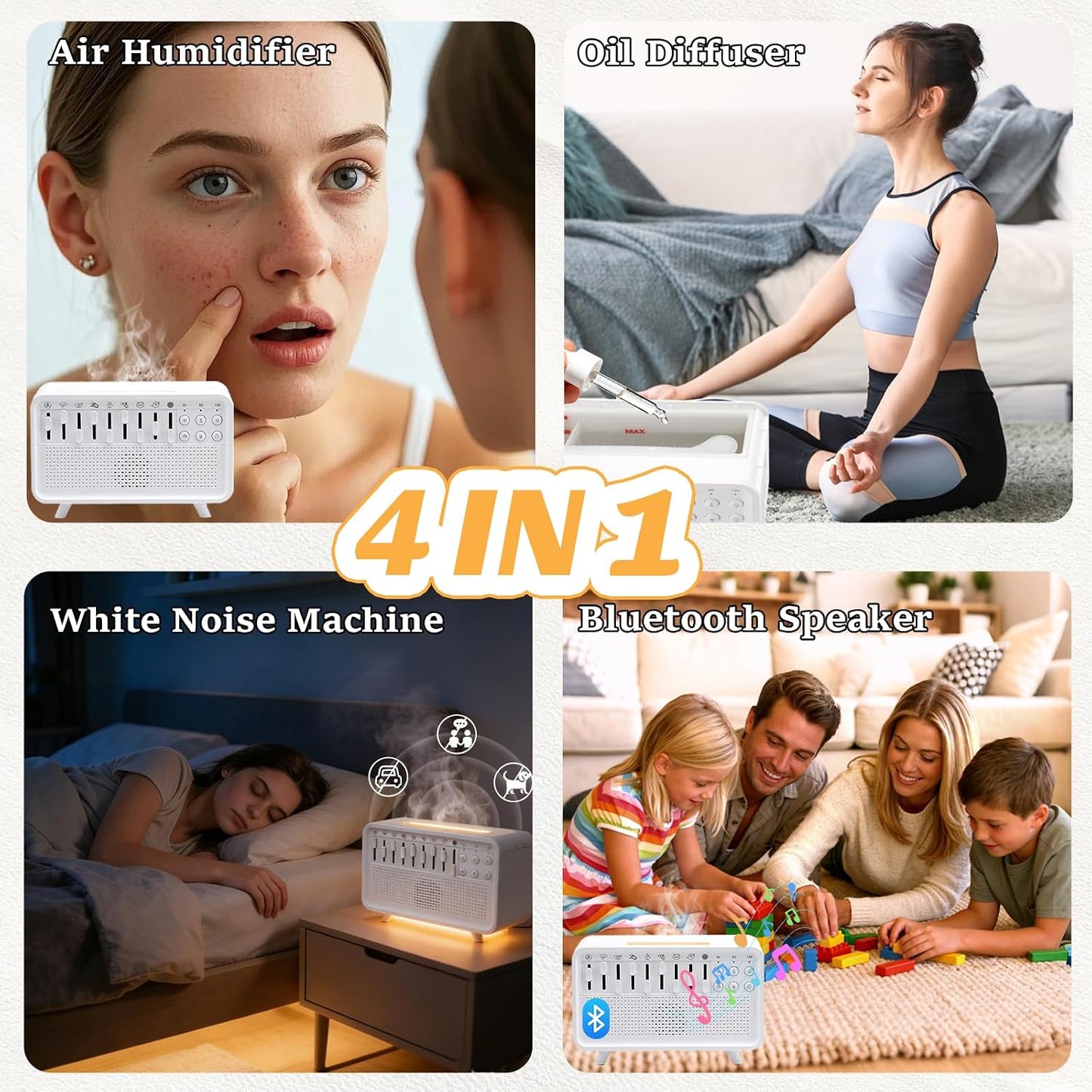 White Noise Night Light Sound Machine Humidifier 3-in-1 White Noise Machine with 8 Ambient Sounds Air Humidifier for Bedroom Powered by USB Essential Oil Diffuser for Sleeping Meditation Work
