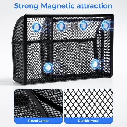 M&G Magnetic Pen Holder Dry Erase Marker Holder, Strong Magnet Metal Mesh Pencil Holder for Whiteboard, Refrigerator and Locker, 3 Compartments Magnetic Basket Organizer, Black
