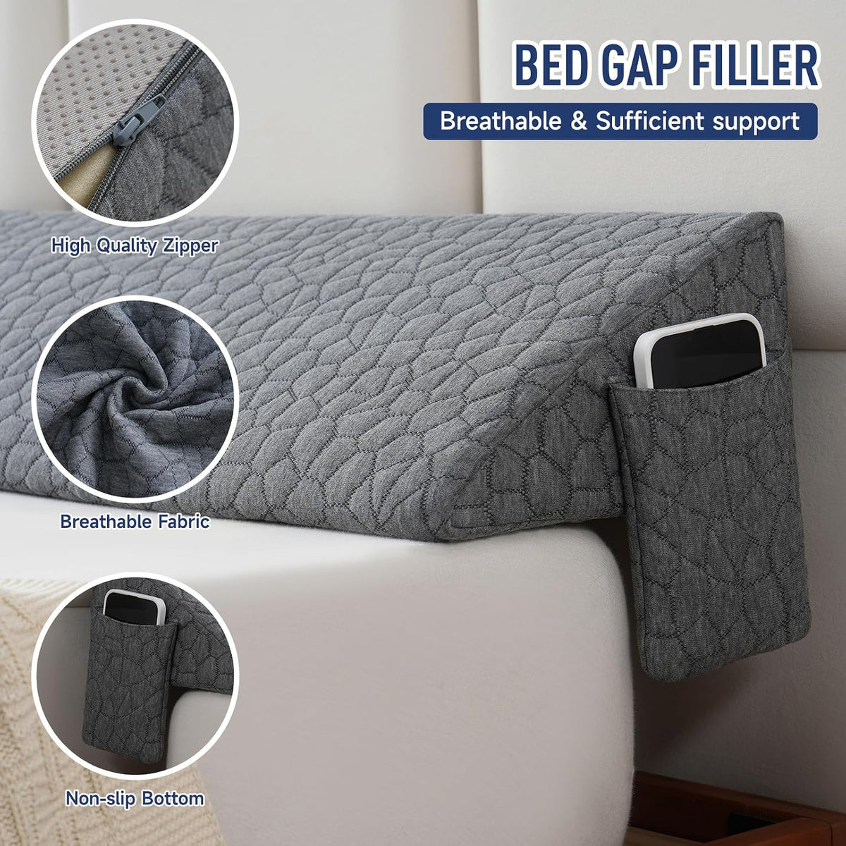Patent Twin Size (39"x10"x6") Bed Wedge Pillow Headboard Pillow Mattress Wedge Triangle Pillow Long Bolster Pillow Bed Gap Filler (0-7") Mattress Gap Filler Between Your Headboard and Mattress