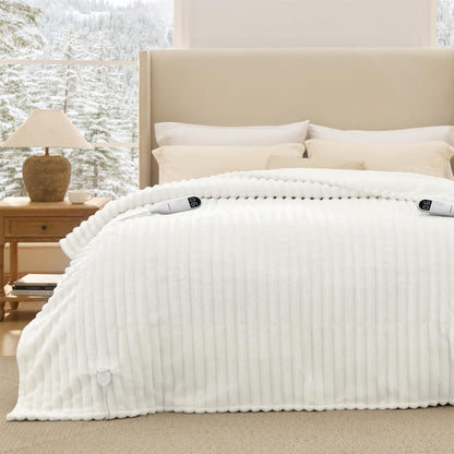 Bedsure Heated Blanket Electric Throw - Thick Striped Fast Heating Electric Blanket with Preheat Function, 6 Heat & 6 Timer (Up to 10H), 8H Auto Off, ETL Certified, Gifts for Women (50"x60", White)