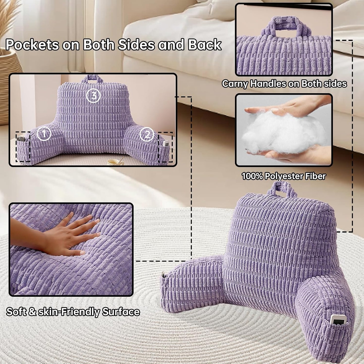 Reading Pillow with Arms for Sitting in Bed,Backrest,White Flannel,M | 17" Backrest Supports Back for College Students,Elbows & Forearms for Dorm Reading,Gaming,Watching TV