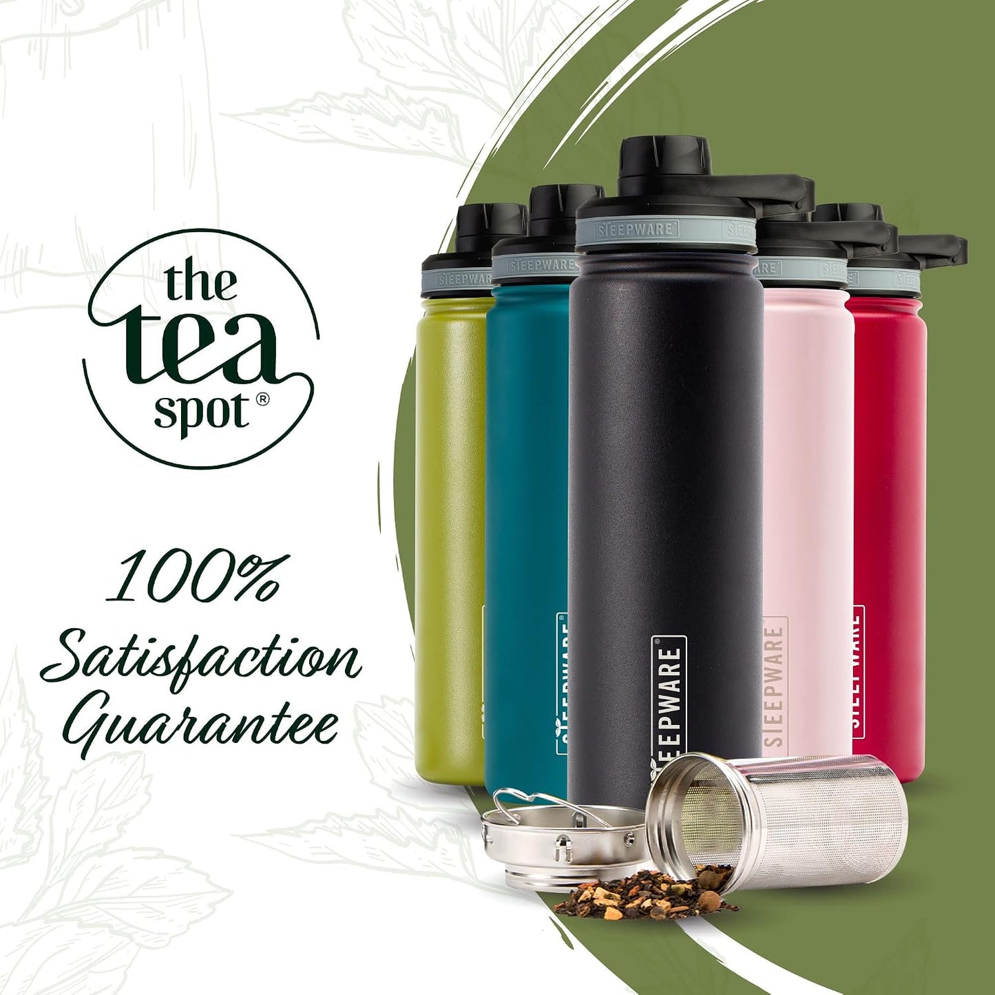 The Tea Spot Steepware Tea Tumbler and Thermos, 22oz, Tea Bottle with tea infuser for loose leaf tea or iced coffee, Sleek Double Wall Tumbler & Insulated Travel Bottle - Olive