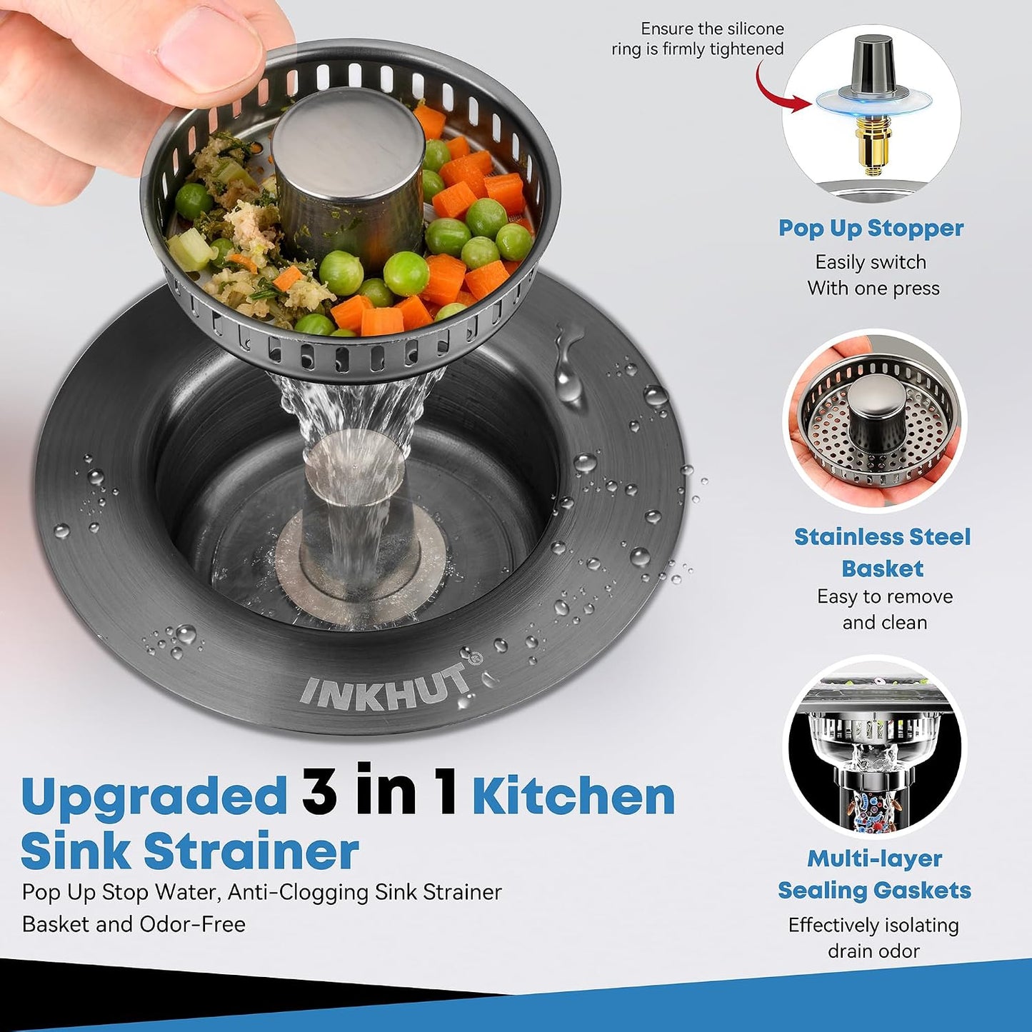 Upgraded 3 in 1 Kitchen Sink Drain Strainer | Stainless Steel Sink Stopper, Anti-Clogging Food Catcher Basket, Bounce Core Drain Strainer Plug for 3 1/2 inch Drain