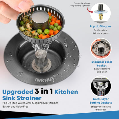 Upgraded 3 in 1 Kitchen Sink Drain Strainer | Stainless Steel Sink Stopper, Anti-Clogging Food Catcher Basket, Bounce Core Drain Strainer Plug for 3 1/2 inch Drain