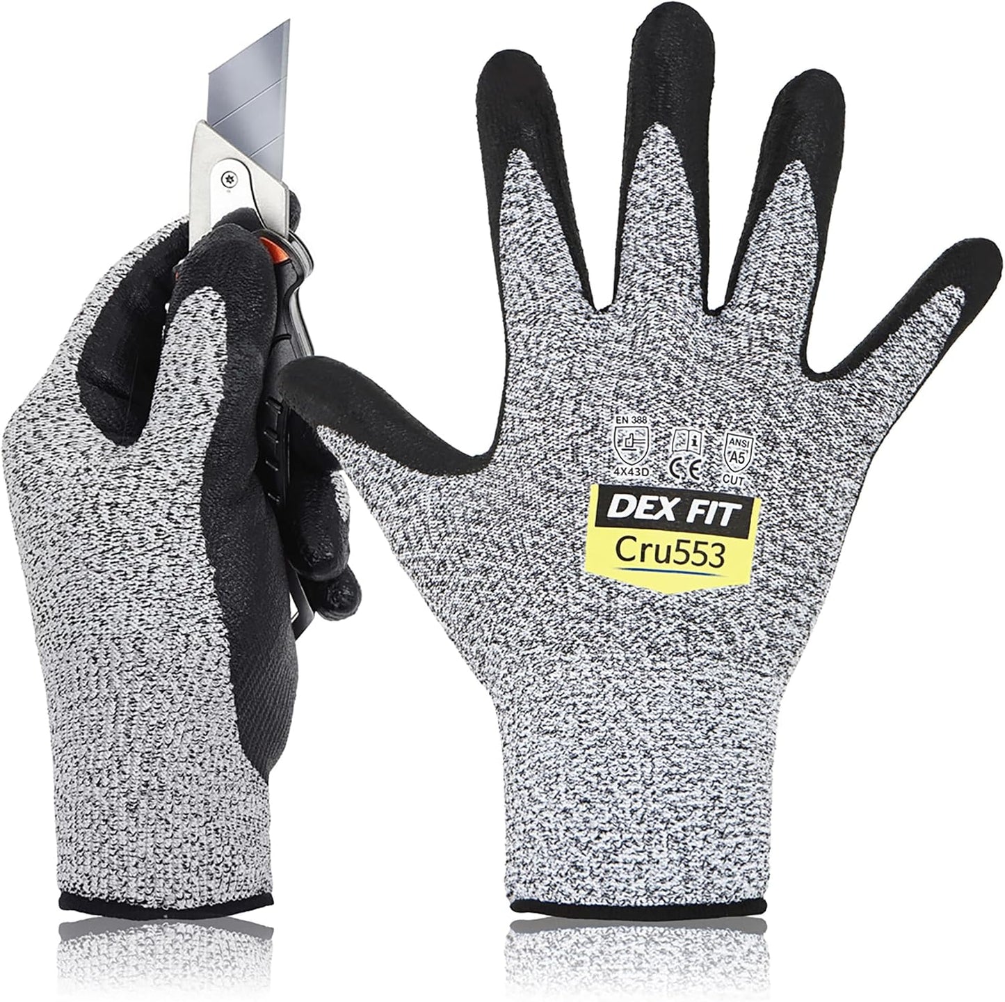 DEX FIT Level 5 Cut Resistant Gloves Cru553, 3D-Comfort Fit, Firm Grip, Thin & Lightweight, Touch-Screen Compatible, Durable, Breathable & Cool, Machine Washable; Grey L (9) 1 Pair