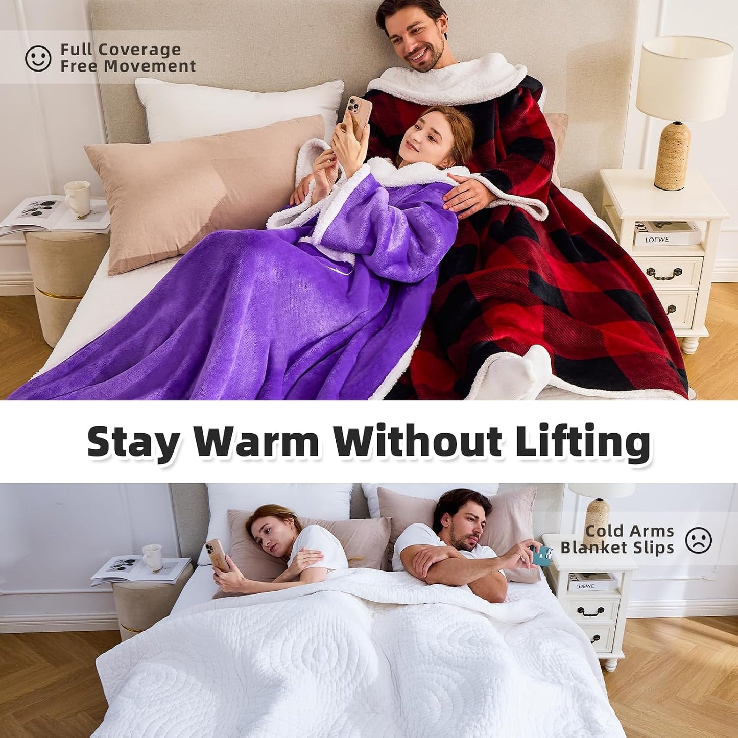 IFNOW Sherpa Wearable Blanket with Sleeves, Oversized Snuggle Robe, Purple | 430GSM Thick, 55x69", Big Pocket, TV Blanket,Fall Winter Dorm Essentials or Office, Christmas Birthday Gifts for Women Men