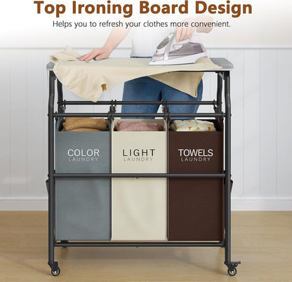 Hoctieon 3 Section Laundry Sorter with Iorning Board, Laundry Hamper, Black | Lockable Wheels, Laundry Basket Organizer with Wheels, Heavy Duty Clothes Organizer, Large Clothes Separator, Removable Bags