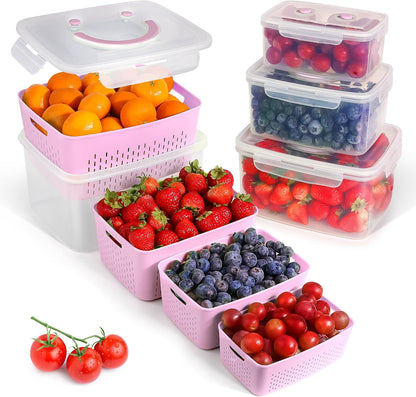 Fruit Storage Containers for Fridge - Set of 4 - Airtight Lid Keeps Fresh - For Fruit & Vegetable Storage - Space-Saving Design - Ideal for Produce, Berries, Snacks - Pink