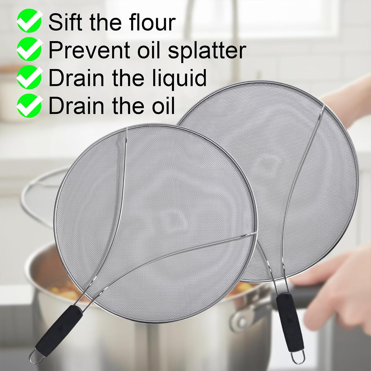 Splatter Screen for Frying Pan, 15 Inch Stainless Steel Grease Splatter Guard Oil Splash Guard with Anti-Slip Handle, Fine Mesh Frying Cover Protect the Skin From Burns