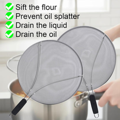 Splatter Screen for Frying Pan, 15 Inch Stainless Steel Grease Splatter Guard Oil Splash Guard with Anti-Slip Handle, Fine Mesh Frying Cover Protect the Skin From Burns