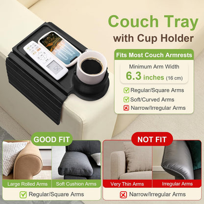 Couch Cup Holder - 3 in 1 Sofa Arm Tray with 360° Rotating Cup Holder & Phone Stand,Arm Chair Rest Table Fits Various of Large Width Couches Armrest,Anti-Slip Foldable Couch Tray for Drinks
