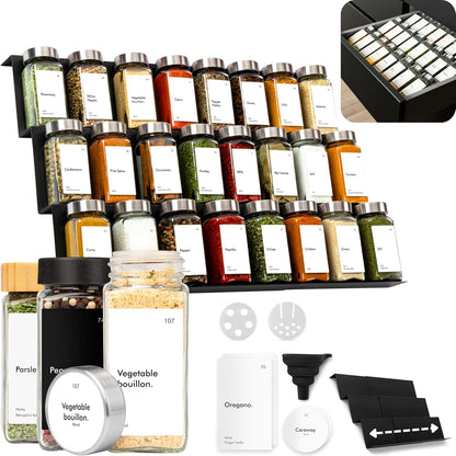 KIVY Drawer Spice Organizer + 24 Jars & 240 Labels - Seasoning Rack for Organization - Kitchen Drawer Insert for Spice Jars - Glass Seasoning Jars with Airtight Lids - Glass Spice Jars with Label