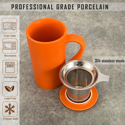 Tea Cup with Infuser and Lid,20 oz Orange Tea Mug with Handle | Ceramic Strainer Cup for Steeping Loose Leaf Gifts for tea Lovers