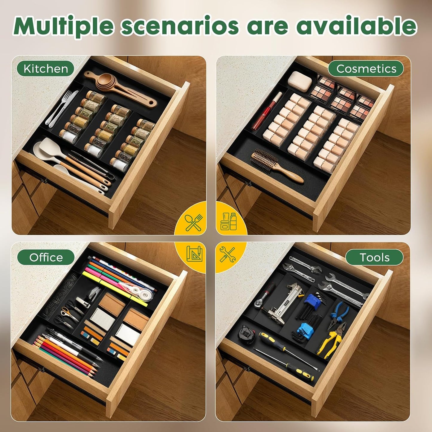 Expandable Drawer Organizer for Utensils & Office – 5 Compartment + 2 Utensil Slots, 11.8" to 23.4" Adjustable Black ABS Tray for Kitchen Flatware, Desk, Vanity & Junk Drawers