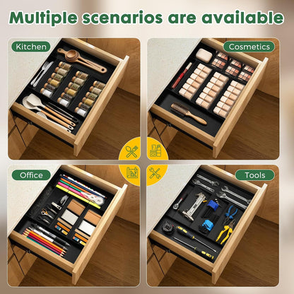 Expandable Drawer Organizer for Utensils & Office – 5 Compartment + 2 Utensil Slots, 11.8" to 23.4" Adjustable Black ABS Tray for Kitchen Flatware, Desk, Vanity & Junk Drawers