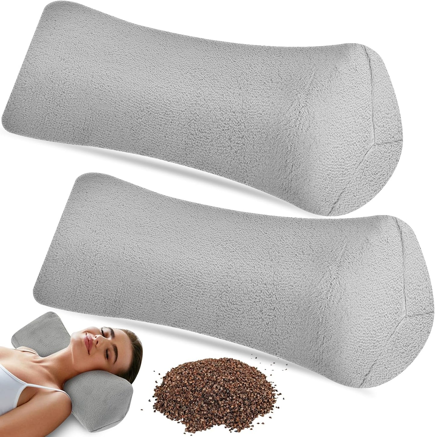 DoubleFill 2pcs Buckwheat Neck Support Pillow Cervical Pillow for Pain Relief Firm Support Adjustable Buckwheat Hulls Breathable for Side Back Sleepers Lunch Break Travel(Gray,Plush)