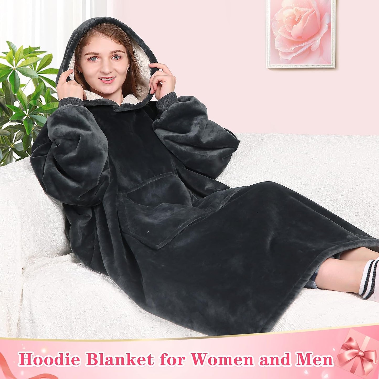 Wearable Blanket Sweatshirt Gifts for Women and Men, Warm and Cozy Giant Blanket Hoodie, Thick Flannel Blanket with Sleeves and Giant Pocket - Dark Gray