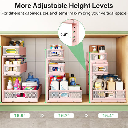Kitstorack Under Sink Organizer, 2-Pack 3-Tier Height Adjustable Thickened Metal Pull out Cabinet Organizer Shelf, Slide out Storage Drawer Rack for Bathroom Kitchen Pantry Home Laundry Organization