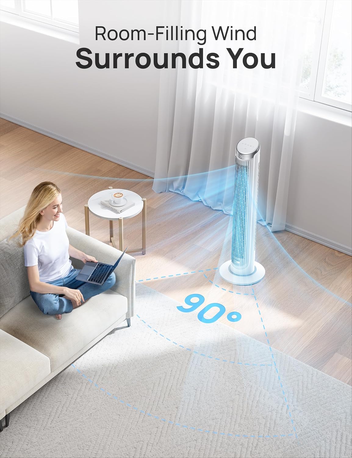 DREO Tower Fan for Bedroom, 90° Oscillating Fans that Blow Cold Air
