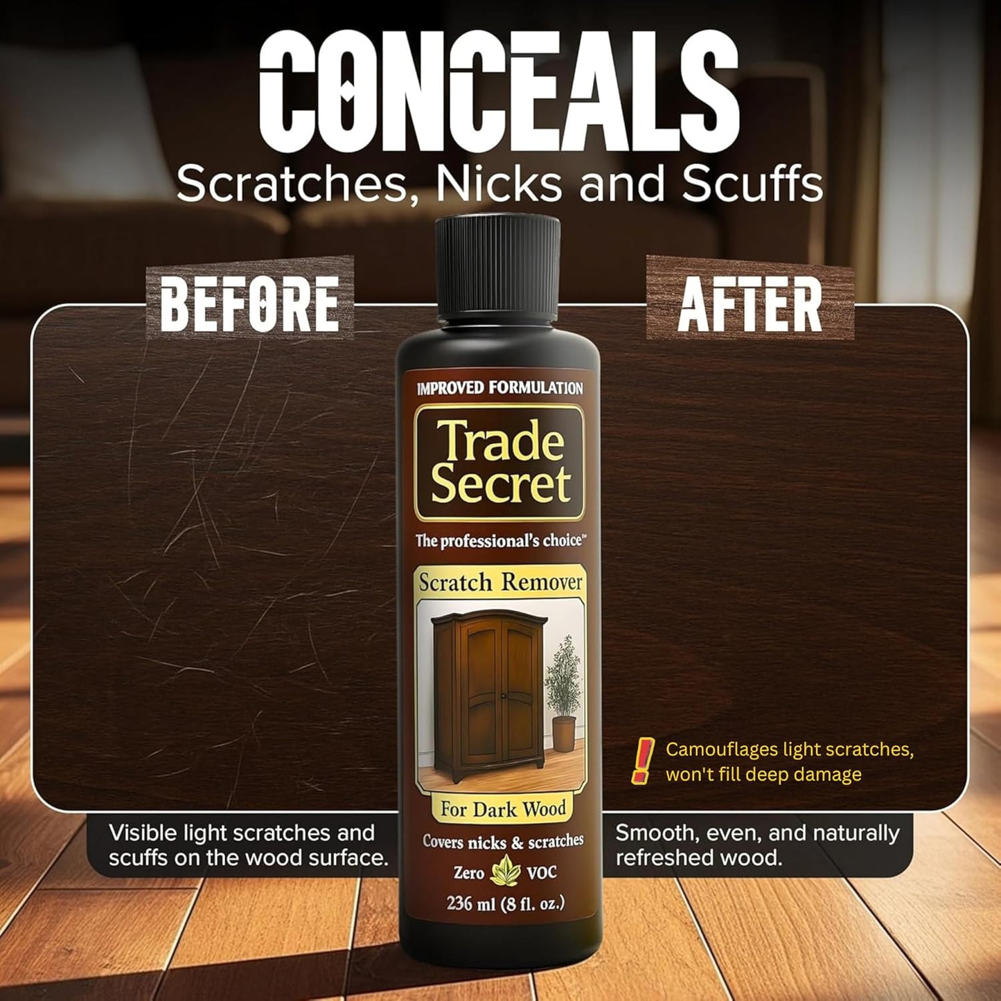 Trade Secret Scratch Concealer for Dark Wood Furniture & Floors – Dark Brown Shade Stain Covers Nicks, Scuffs, Dog & Cat Scratches, Minor Defects – Real Wood Only