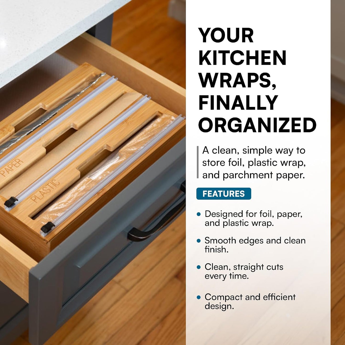 Honey-Can-Do Bamboo Wrap Organizer with Safety Cutter — 3-in-1 Drawer Holder for Aluminum Foil, Wax & Parchment Paper, and Plastic Wrap (Fits 12" Rolls)