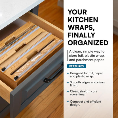 Honey-Can-Do Bamboo Wrap Organizer with Safety Cutter — 3-in-1 Drawer Holder for Aluminum Foil, Wax & Parchment Paper, and Plastic Wrap (Fits 12" Rolls)