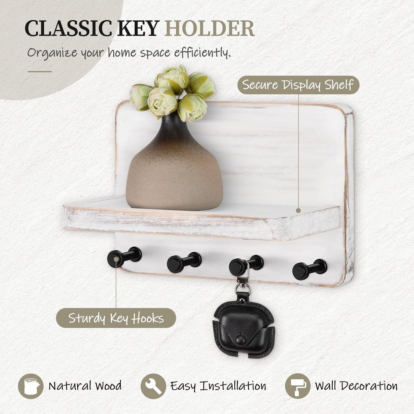 Nekon Key Holder for Wall with Shelf, Pine Wooden Key Hanger, Black | Small Wall Mounted Key Holder with 4 Hooks, Farmhouse Wall Organizer for Home Entryway & Apartment