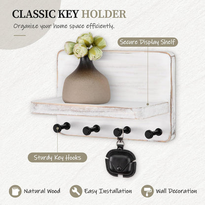 Nekon Key Holder for Wall with Shelf, Pine Wooden Key Hanger, Black | Small Wall Mounted Key Holder with 4 Hooks, Farmhouse Wall Organizer for Home Entryway & Apartment