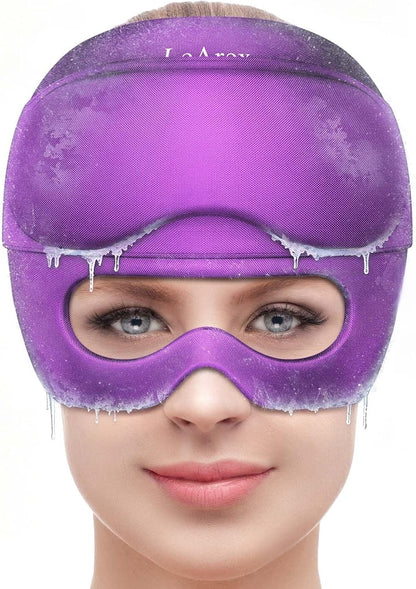 2 in 1 Migraine Relief Cap with Gel Eye Mask, Headache Relief Cap Ice Head Wrap Hot and Cold Therapy Hat Gift for Women for Headache Puffy Eyes Sinus and Tension Stress Relief (Light Purple)