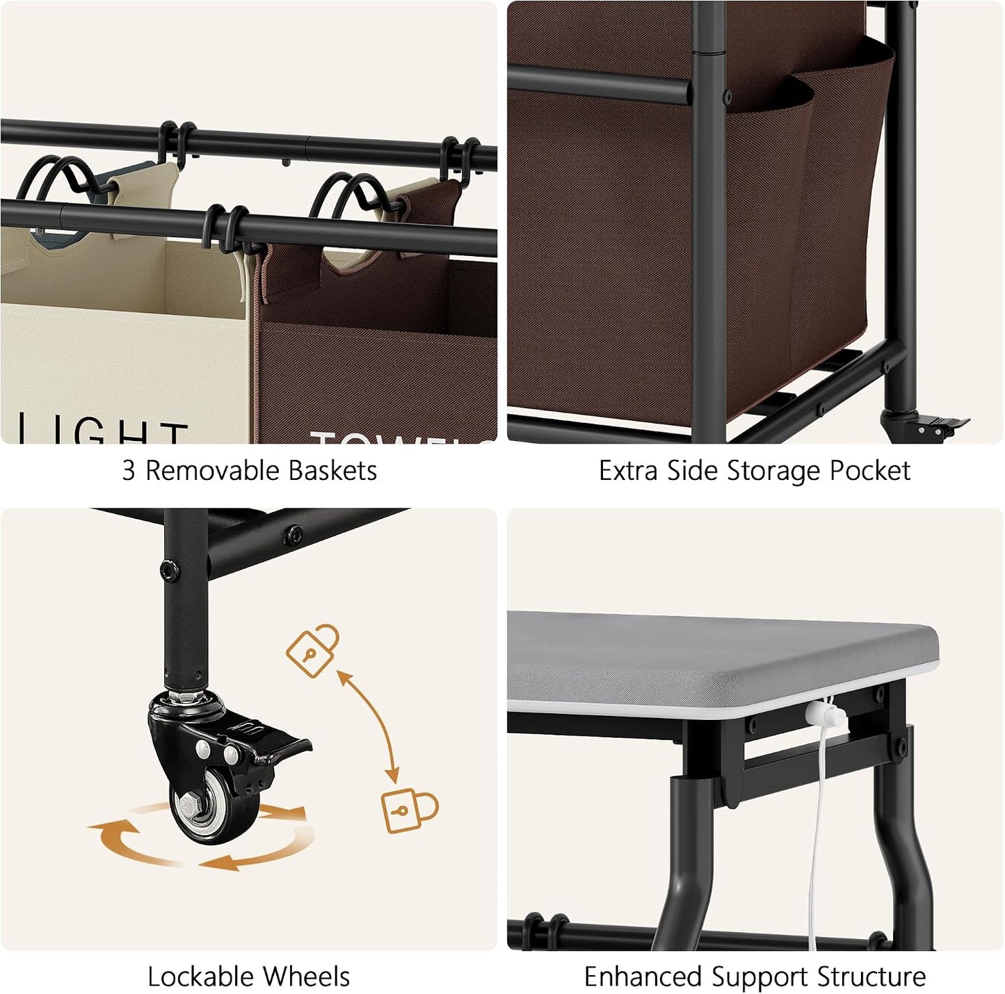 Hoctieon 3 Section Laundry Sorter with Iorning Board, Laundry Hamper, Black | Lockable Wheels, Laundry Basket Organizer with Wheels, Heavy Duty Clothes Organizer, Large Clothes Separator, Removable Bags