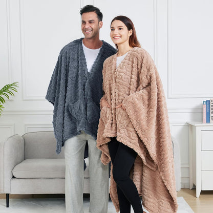 Wearable Blanket Sherpa Fleece Shawl Blanket with Pockets Blanket Poncho Cape for Adults, Cozy Shawl TV Throw Blankets