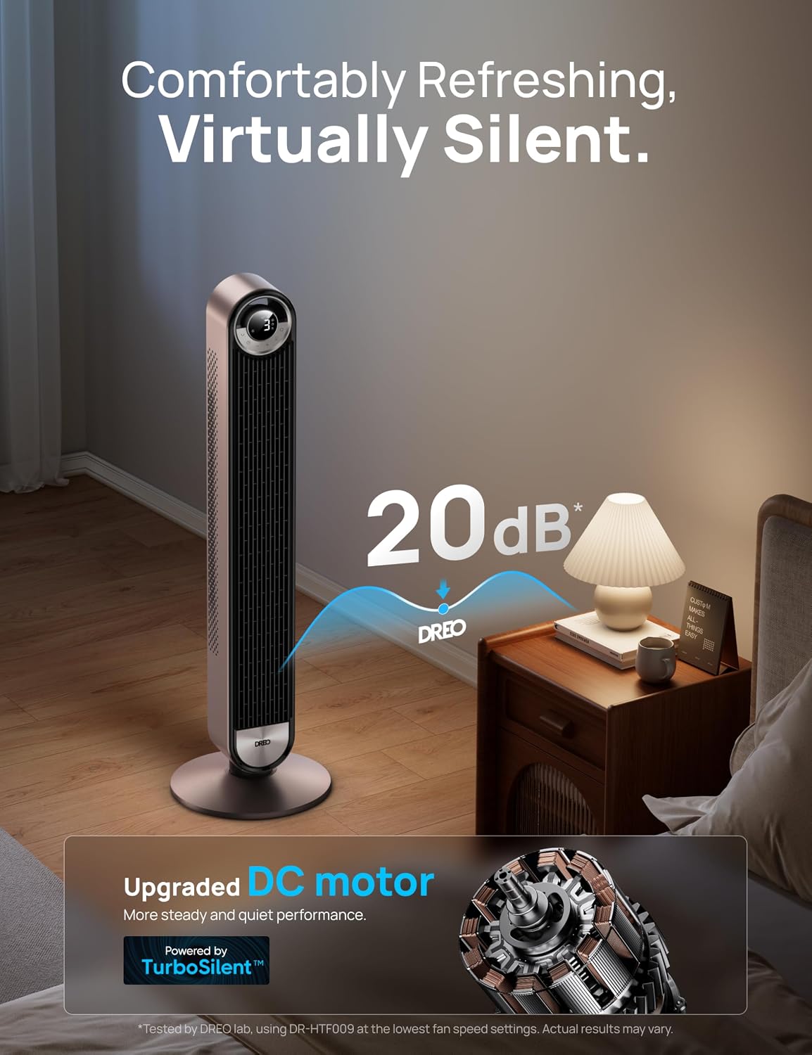 DREO Tower Fan for Bedroom, Upgraded DC 28ft/s Velocity, 20dB Quiet Fan | 9 Speeds Fans that Blow Cold Air, 90° Oscillating Cooling Fan, 4 Modes, 12H Timer Bladeless Standing Fan for Home, Black