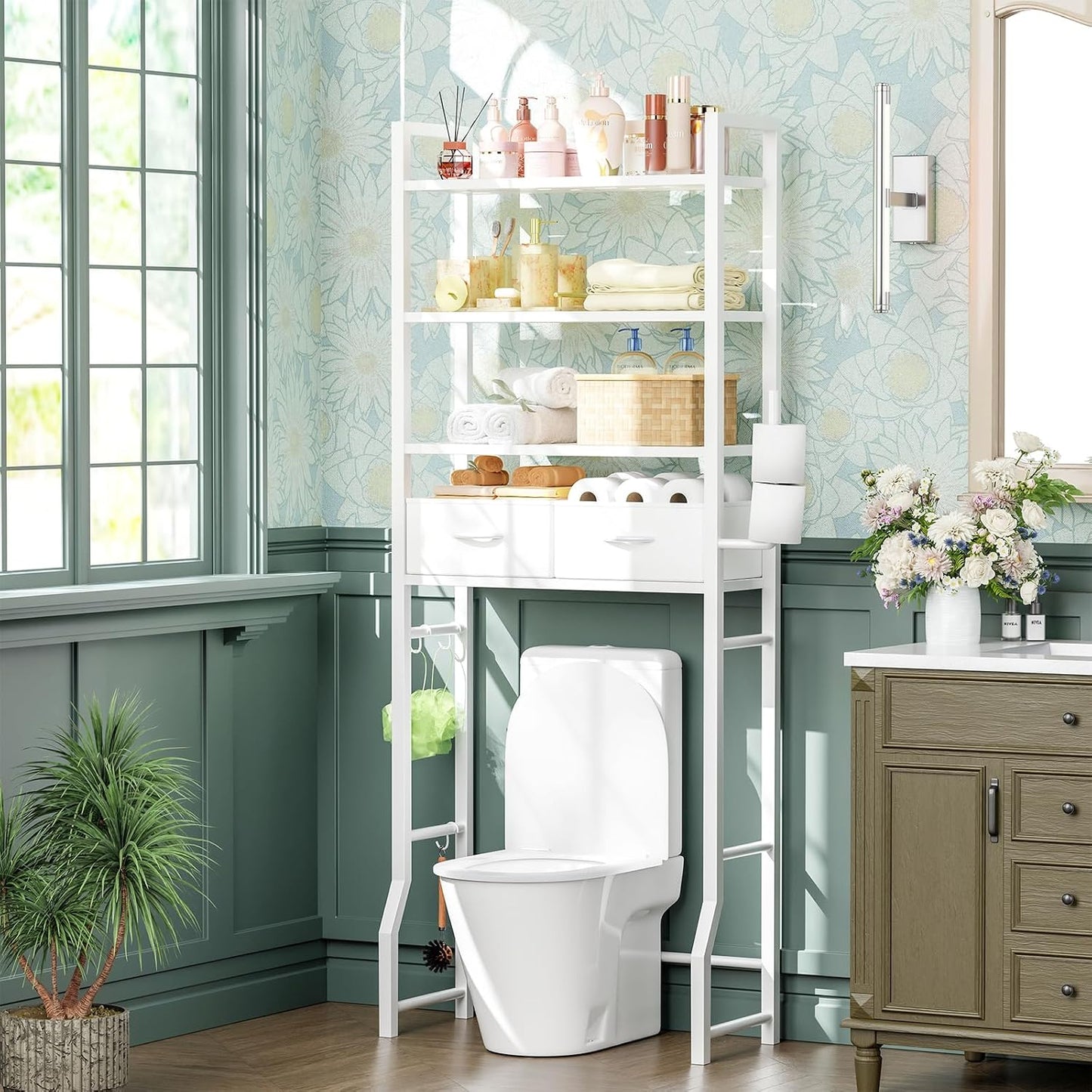 Simple Trending Over The Toilet Storage Cabinet, Metal Bathroom Shelf Organizer with Paper Holder and Hooks, 3 Tier, Black