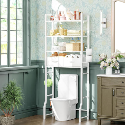 Simple Trending Over The Toilet Storage Cabinet, Metal Bathroom Shelf Organizer with Paper Holder and Hooks, 3 Tier, Black