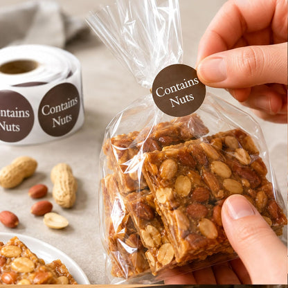 Contains Nuts Stickers Round Allergies Food Rotation Labels Allergy Sticker | 1" Allergen Allergy Warning Sticker Per Roll Retail Packaging Stickers for Jars Glass Bottle,Retail Packaging 500 Pcs