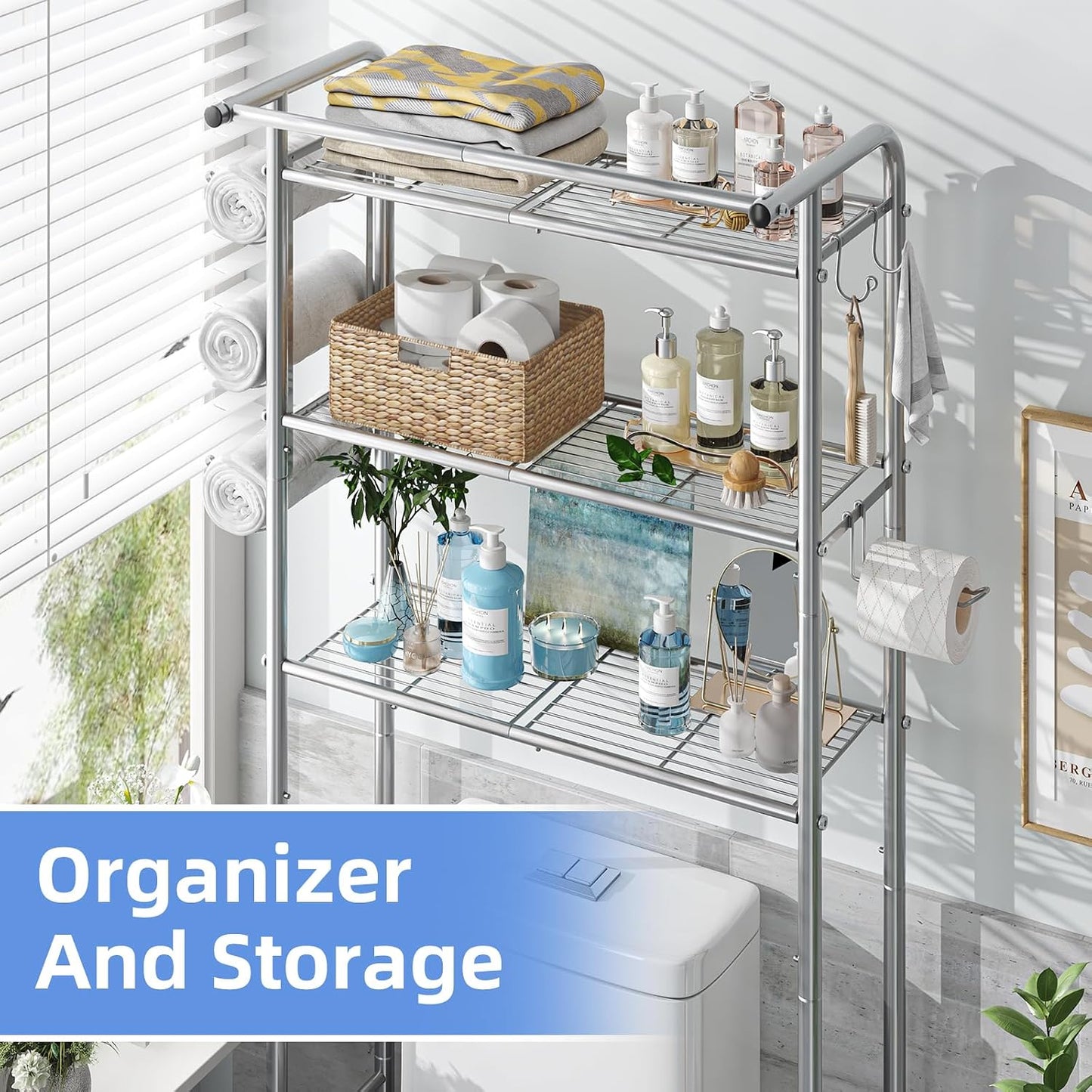 Simple Trending Over The Toilet Storage Cabinet, Metal Bathroom Shelf Organizer with Paper Holder and Hooks, 3 Tier, Black