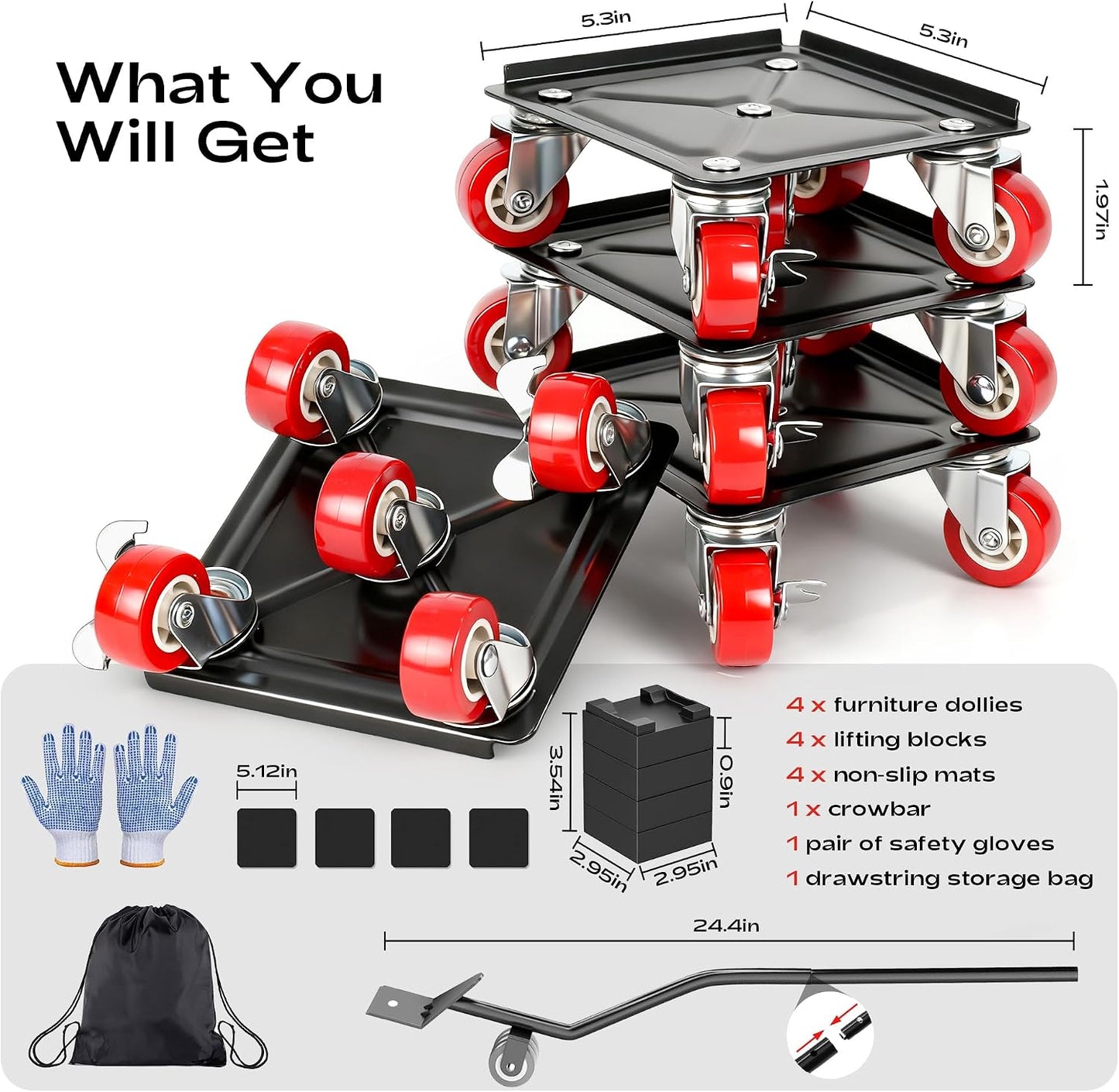 Furniture Dolly with 5 Wheels Heavy Duty Furniture Movers with Wheels Furniture Moving Wheels for Heavy Furniture Dollies Moving Dolly Heavy Duty Furniture Lifter Rollers 2866lbs Load Capacity
