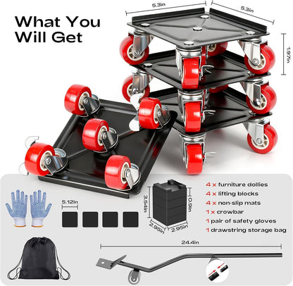 Furniture Dolly with 5 Wheels Heavy Duty Furniture Movers with Wheels Furniture Moving Wheels for Heavy Furniture Dollies Moving Dolly Heavy Duty Furniture Lifter Rollers 2866lbs Load Capacity