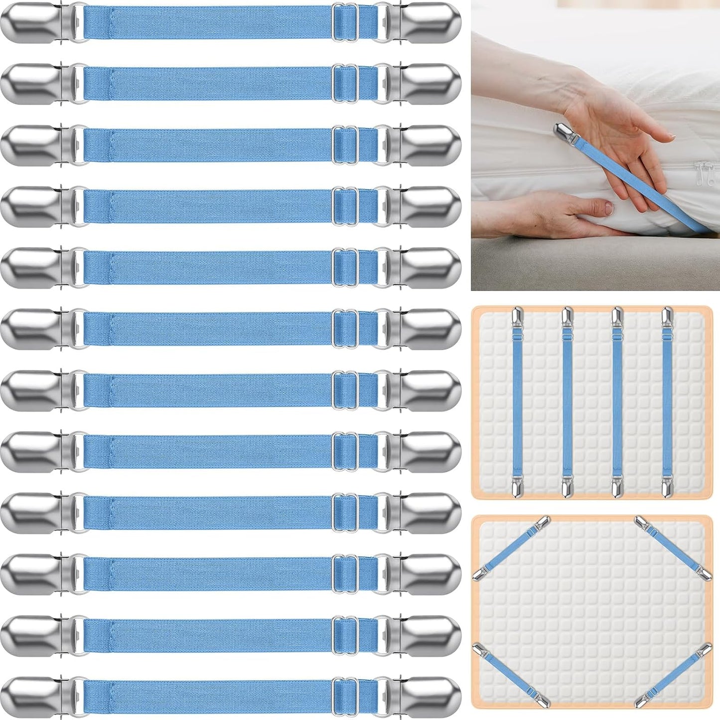 Boao 12 Pcs Bed Sheet Clips Straps Sheet Corner Straps Holder Adjustable Mattress Clips, Elastic Bed Grippers Suspender Fasteners Holder for Home(White,4-8 Inch Length)