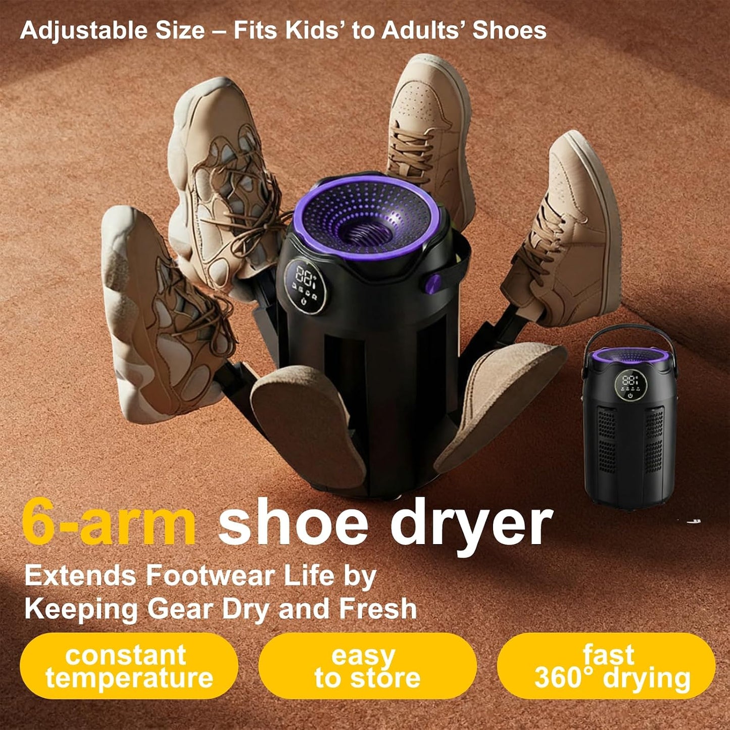 6-Arm Boot and Glove Dryer Family Size – Forced Air Boot Dryer with Heat Blower & Timer. Foldable Ski Boot Dryer, Warmer & Hockey Equipment Dryer for Shoes, Ski Gloves, Hats – Adjustable Rack(Black) | Heat blower, 3/6/9H timer, auto shutoff, dries 3