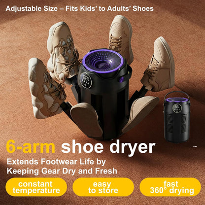 6-Arm Boot and Glove Dryer Family Size – Forced Air Boot Dryer with Heat Blower & Timer. Foldable Ski Boot Dryer, Warmer & Hockey Equipment Dryer for Shoes, Ski Gloves, Hats – Adjustable Rack(Black) | Heat blower, 3/6/9H timer, auto shutoff, dries 3