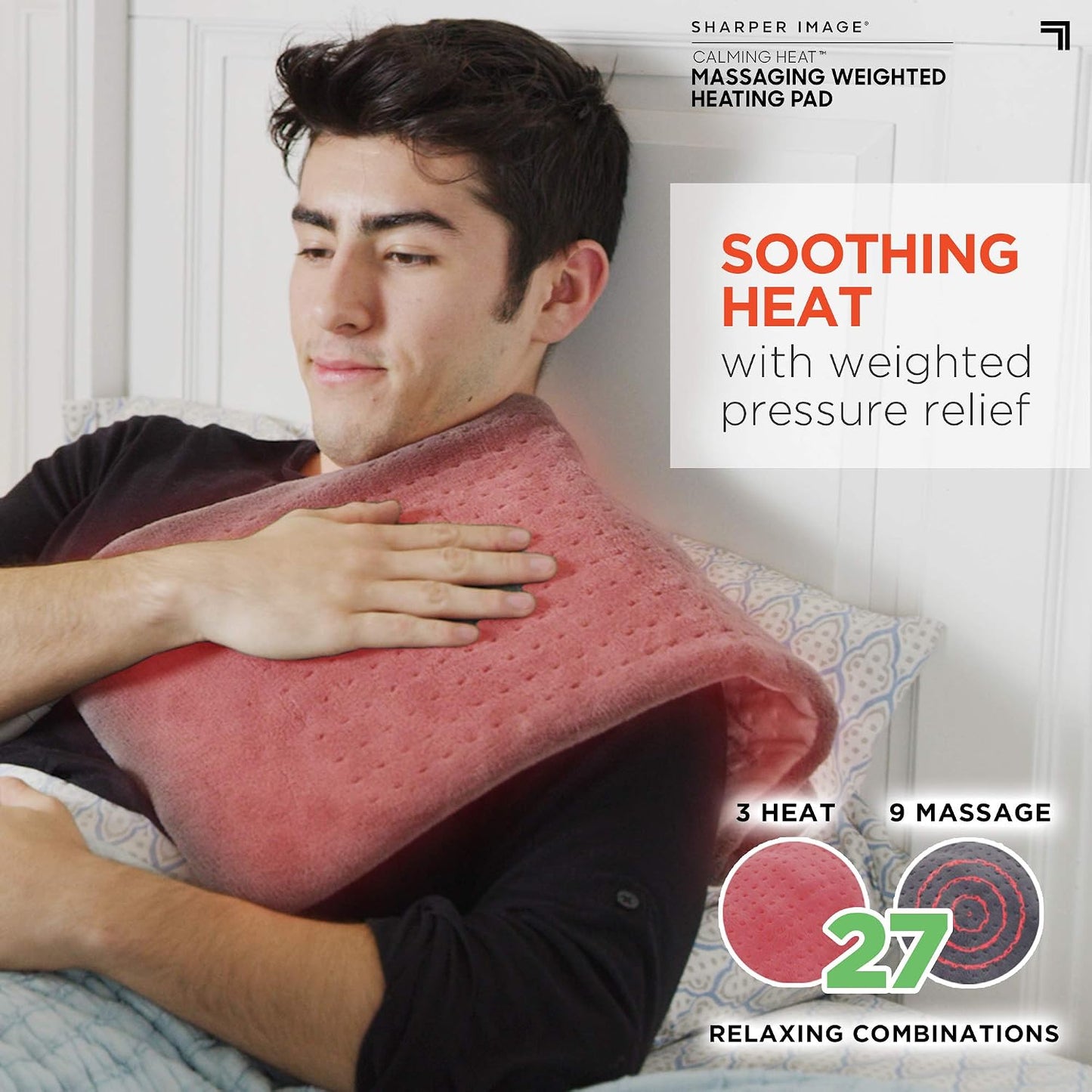 Calming Heat Massaging Vibrations Weighted Heating Pad by Sharper Image | Temperature Settings, Auto Shut-Off Feature, Gift for Holidays, Women & Men | 3 Heat, 6 Massage, 12” x 24”, 4 lbs
