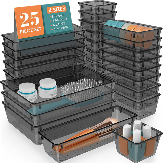 25 PCS Clear Plastic Drawer Organizer, Makeup Organizers and Storage Bins | 4 Sizes Desk Drawer Divider Organizers and Storage Bins for Makeup, Jewelry, Gadgets for Kitchen, Bedroom, Bathroom, Office