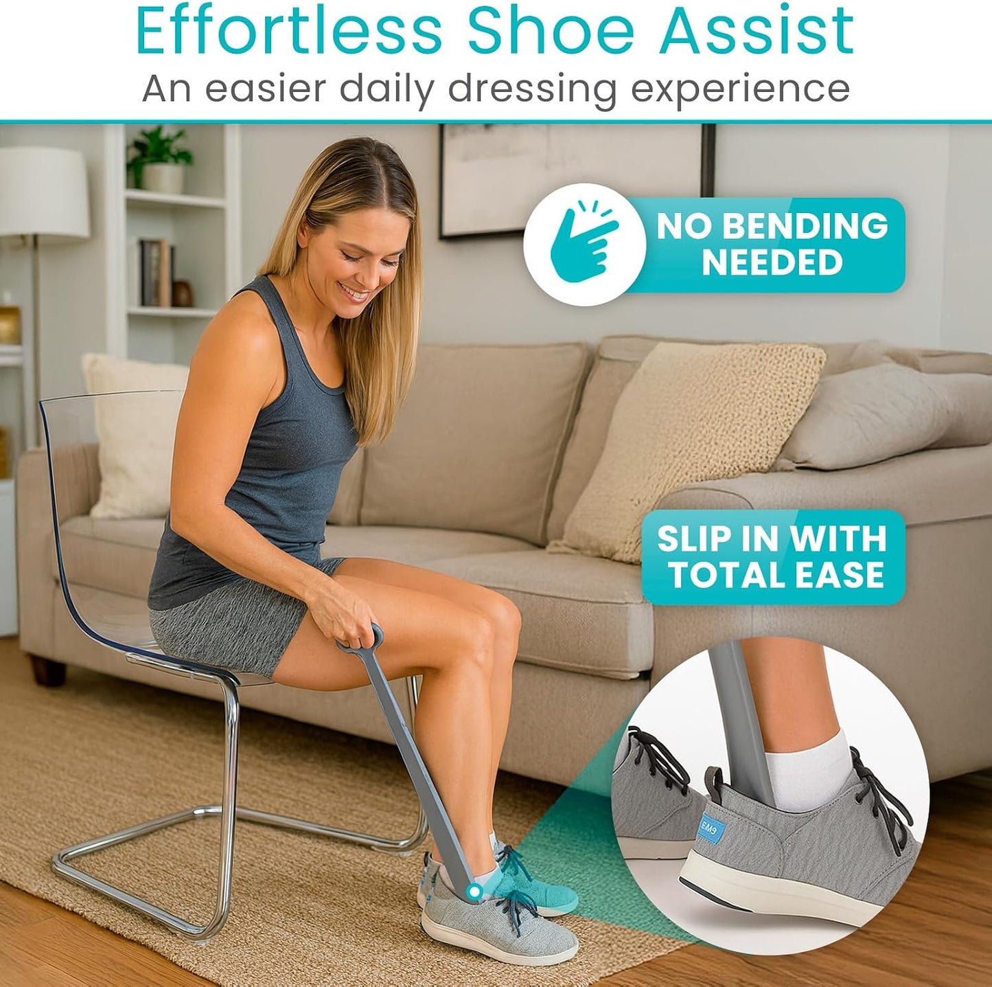 Vive Long Shoehorn for Seniors with Handle 23" | Sock Remover, Long Handled for Men & Women, Boot Shoe Helper and Sock Aid, Extra Reach, Patent-Pending Foldable