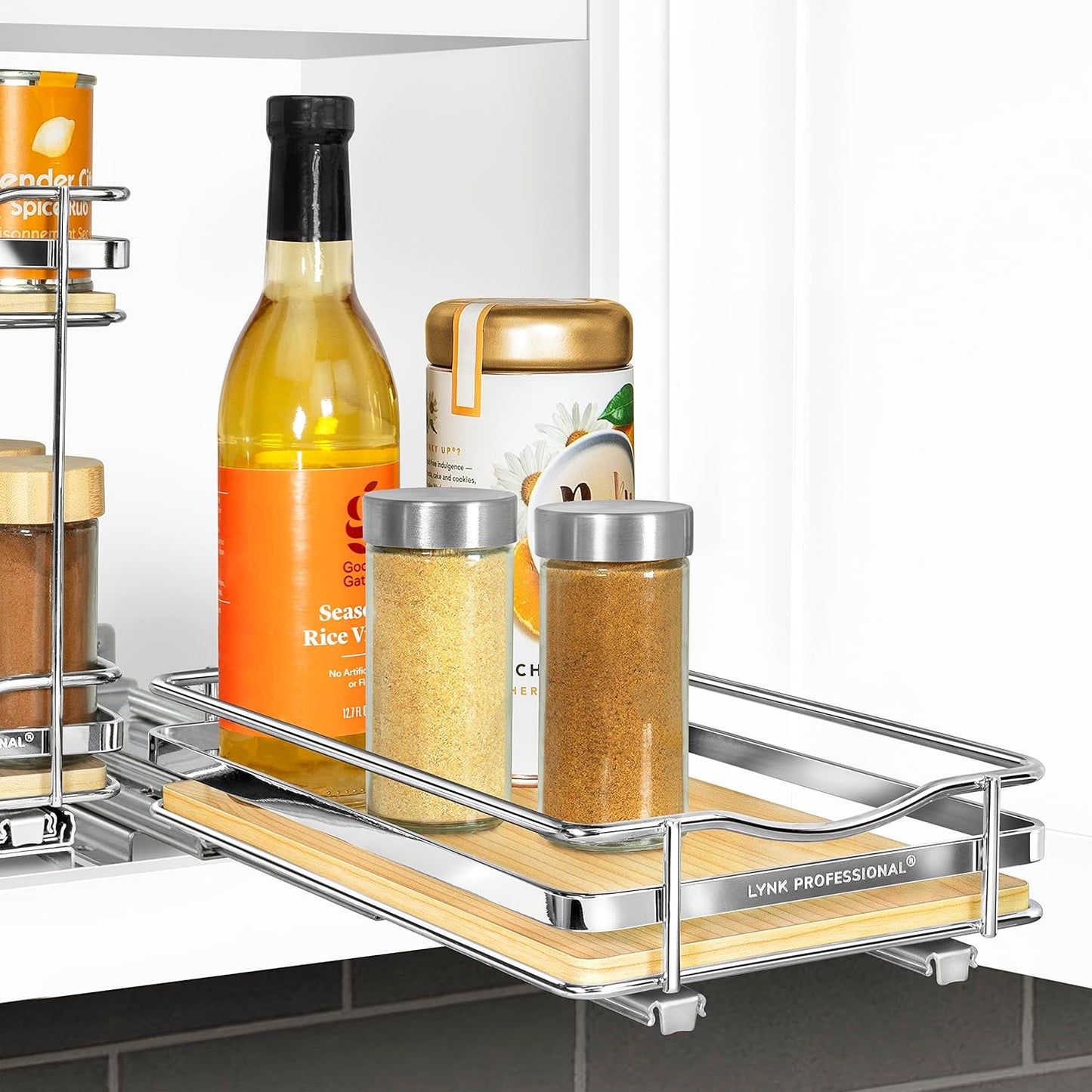 LYNK PROFESSIONAL® Pull Out Spice Organization for Cabinets - 4-3/8 inch Wide – Spice Rack for Inside Cabinets, Slide Out Spice Rack Organizer for cabinet – Pull Out Spice Rack, Sliding 2 Tier Chrome