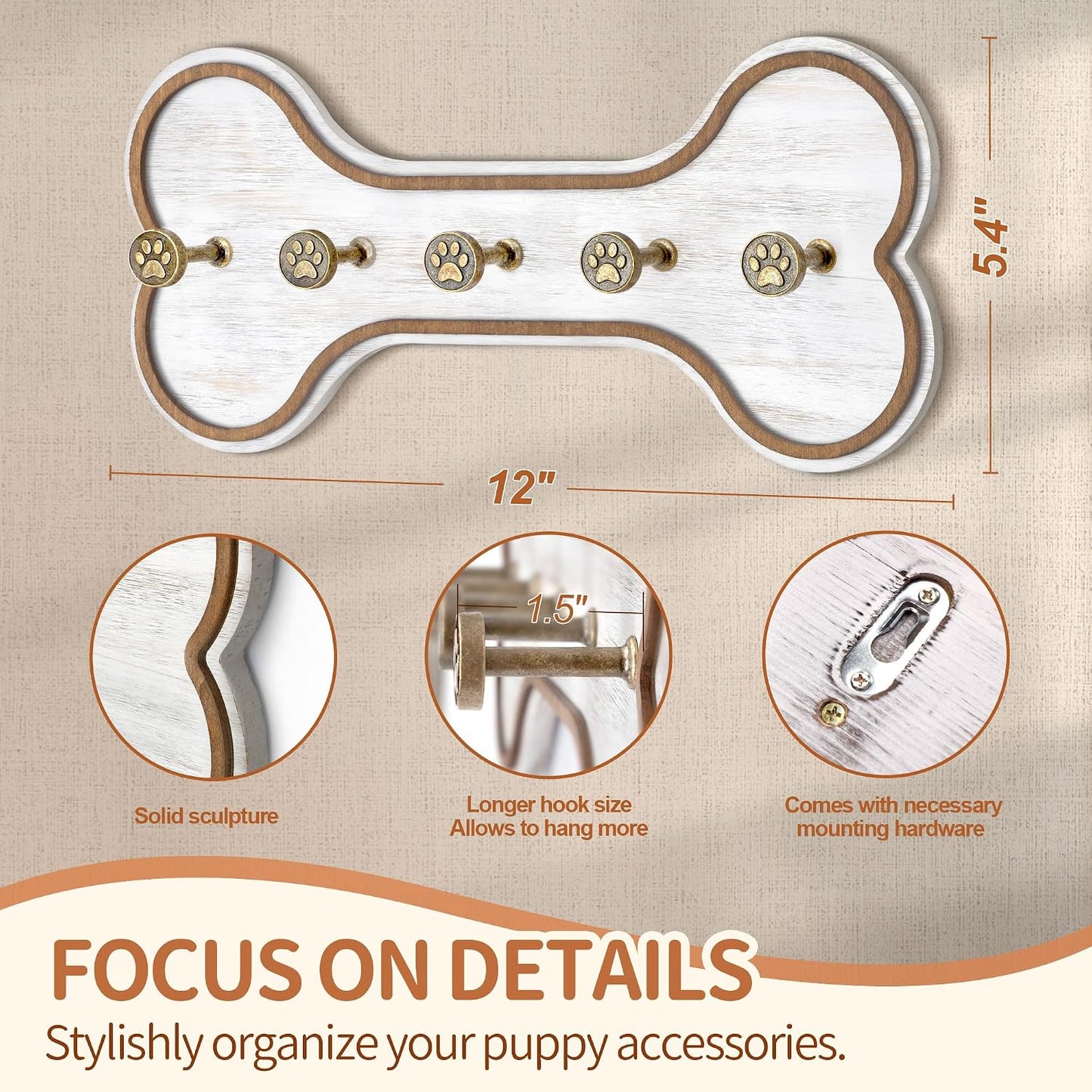 MTERSN Dog Leash Holder Wall Mount with 3D Paws Hooks, Distressed White | Bone-Shaped Dog Leash Holder for Wall, Leash Holder, 5 Dog Leash Hook, Pet Accessories Storage, Gift for Dog Lovers